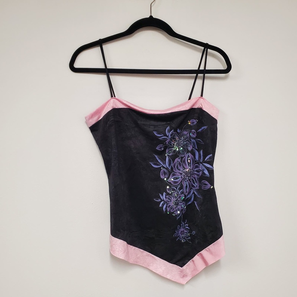 Y2K Lizzie Handkerchief Cami Top M Satin Sequins 2000 Black Pink Body Central